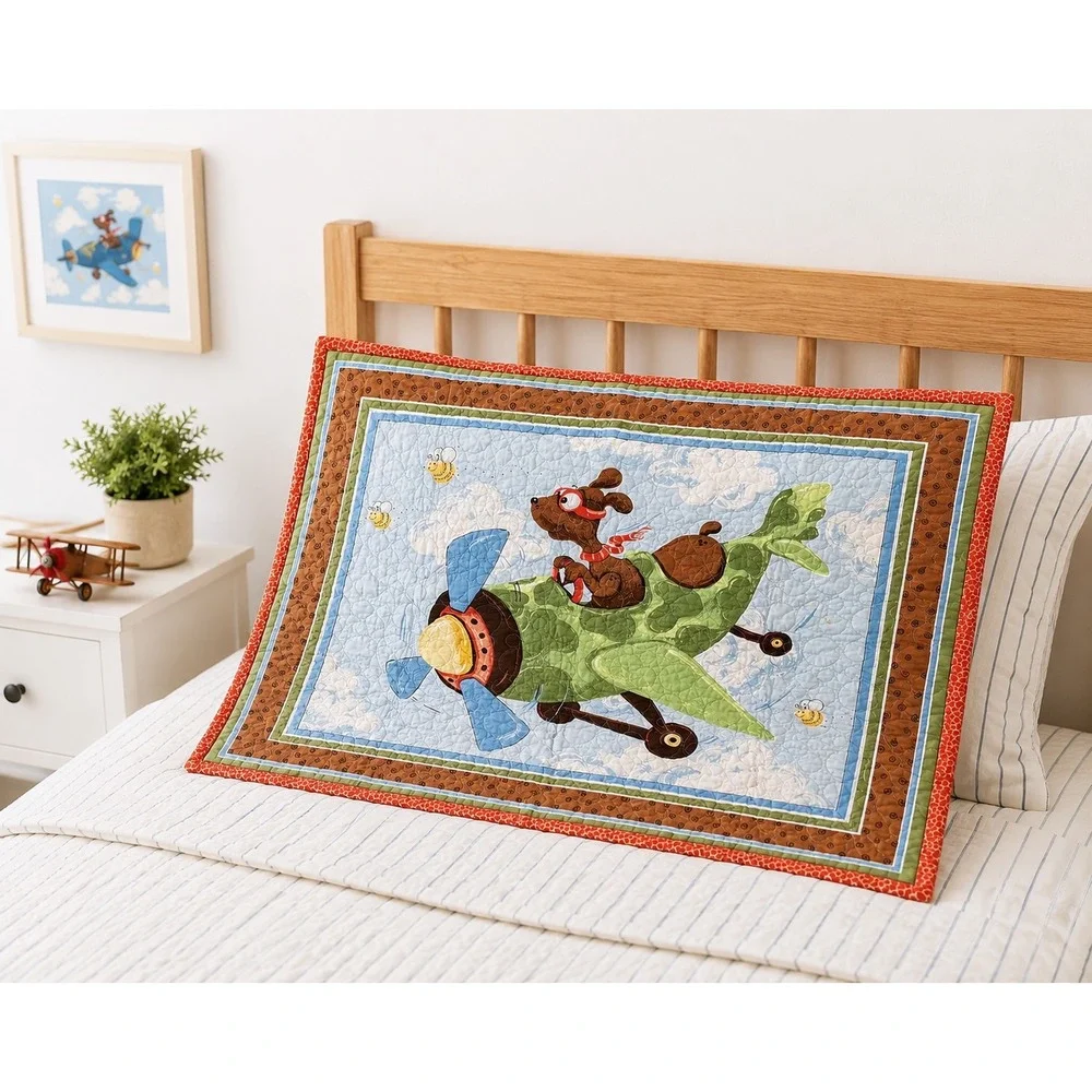 Handmade Dog Airplane Quilt 39x33 Aviator Puppy Nursery Wall Hanging Throw